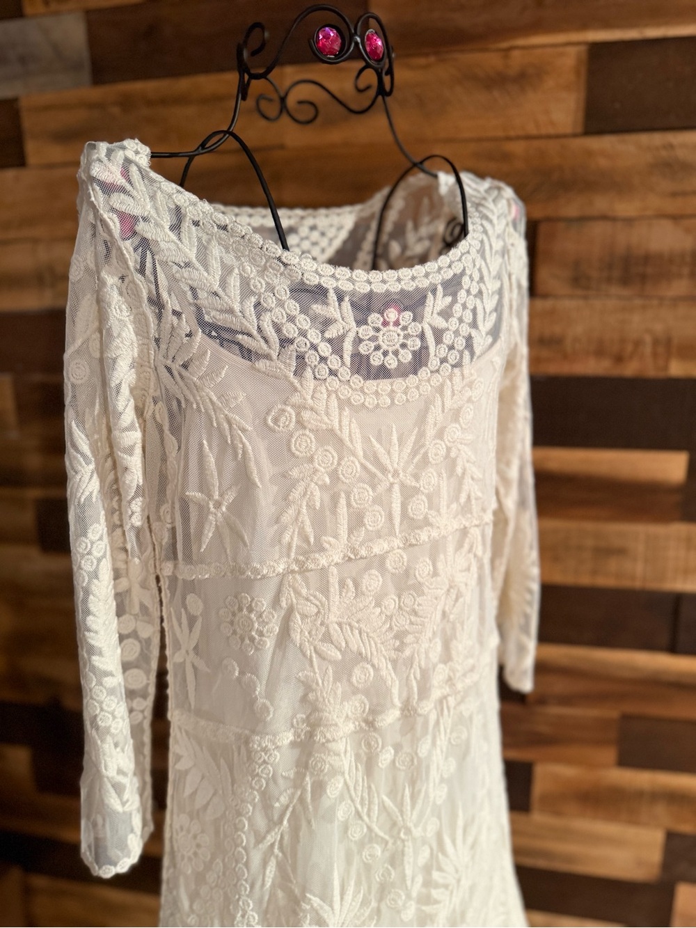 Express White Floral Lace Embroidered Scoop Neck Long Sleeve Mini Dress Sz M - Picture 4 of 11